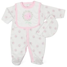 G13094: Baby Girls Daisy 3 Piece All In One, Bib & Hat Set (0-9 Months)